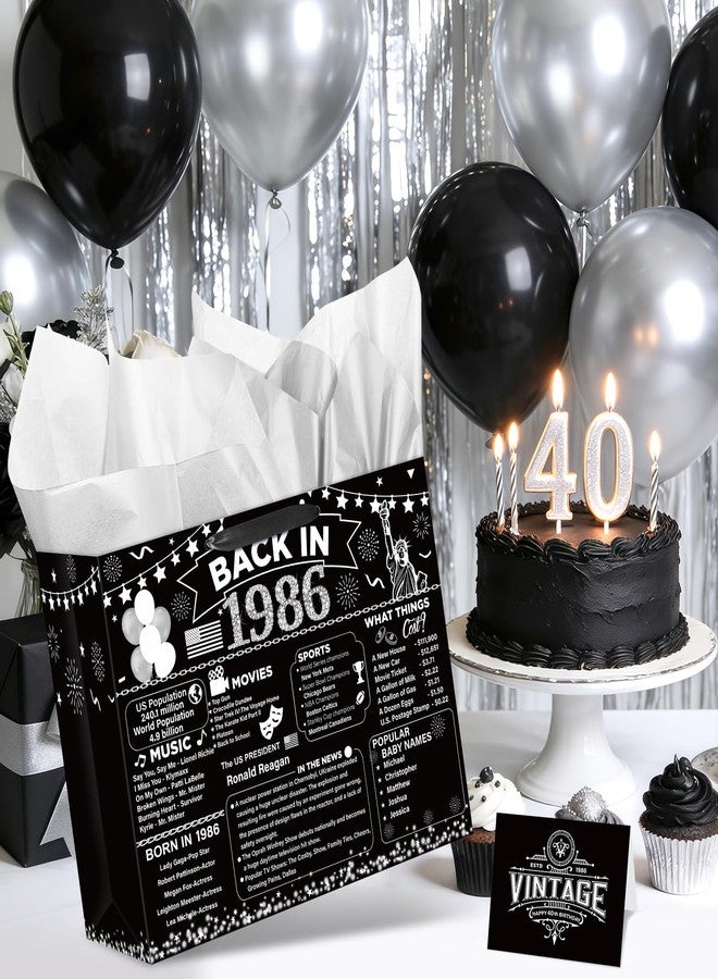 Woosytoo 40th Birthday Gifts Bag Vintage Back in 1986 Gift Bags with Greeting Card Black Silver 40th Birthday Wrapping Paper Bag for Women Man Forty 40 Year Old Bday Party Favors Supplies - Image 3